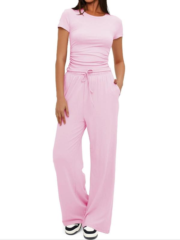 Women's Solid Color Tee & Wide Leg Pants Loungewear Two-Piece Set, Casual Comfy Round Neck Short Sleeve T-Shirt & Trousers PJ Set, Ladies Sleepwear for All Seasons