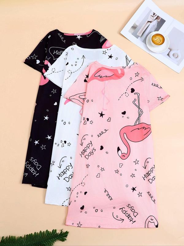 Women's Cartoon Flamingo & Letter Print Nightdress, Casual Soft Comfortable Round Neck Long Sleeve Sleep Dress, Ladies Sleepwear for All Seasons