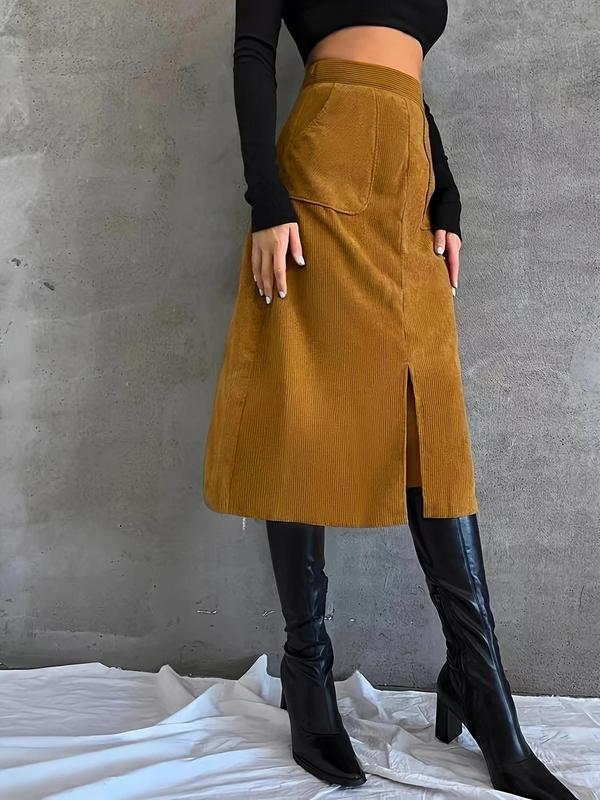 Women's Solid Split Thigh Zipper Corduroy Skirt, Casual Fashion Pocket A Line Skirt for Daily Outdoor Wear, Women's Bottoms for Spring & Fall