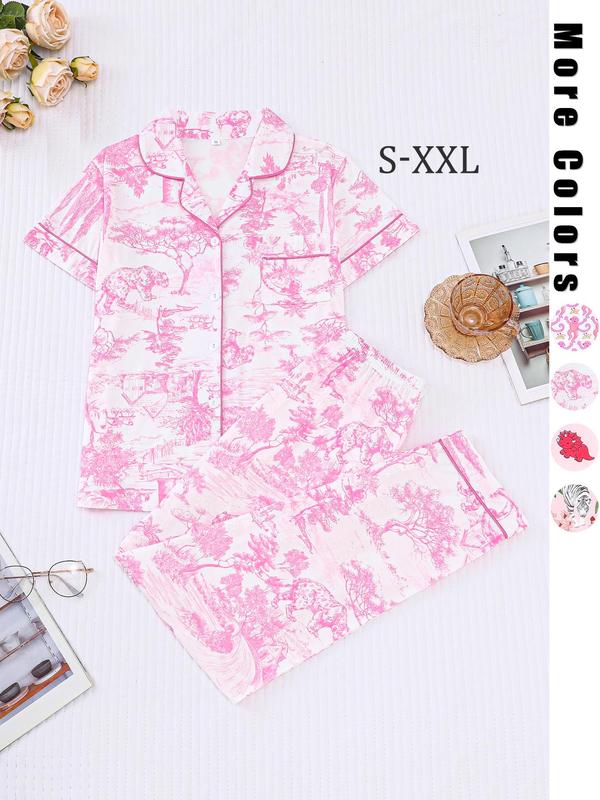 Women's All Over Cartoon Print Lapel Neck Button Front Pajama Two-piece Set, Casual Comfy Short Sleeve Pocket Shirt & Elastic Waist Pants Pj Set, Ladies Sleepwear for All Seasons