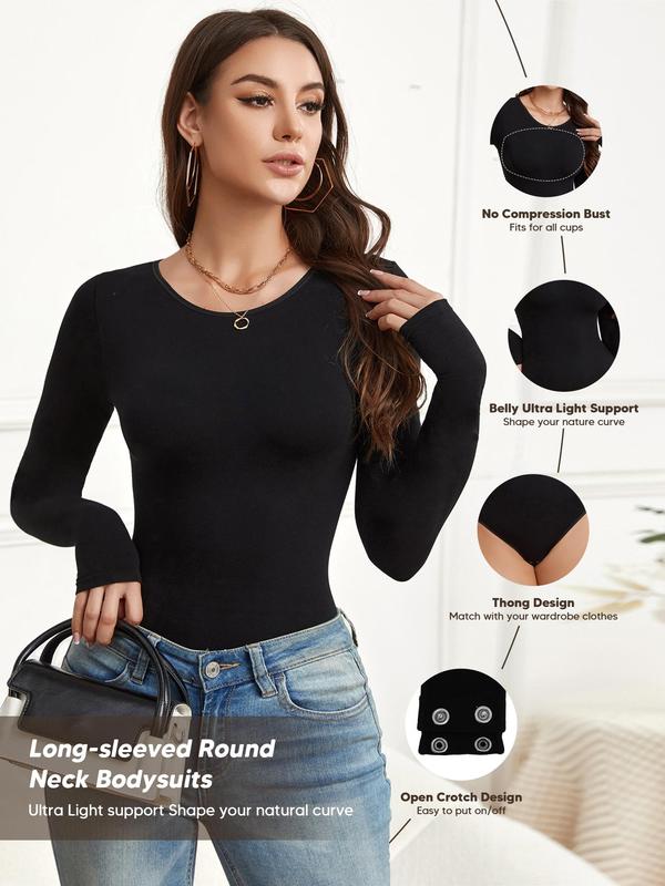 Women's Plain Round Neck Long Sleeve Bodysuit, Casual Seamless One-piece Outfit for Spring & Fall, Women's Clothes for Daily Wear