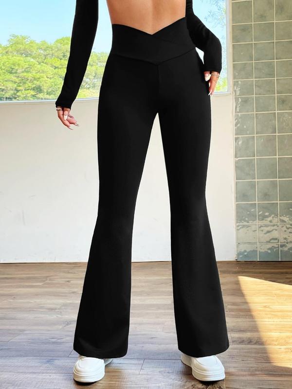 Women's Solid Wrap High Waist Flare Leg Pants, Casual Comfy Bell Bottom Trousers for Daily Wear, Ladies Bottoms for All Seasons