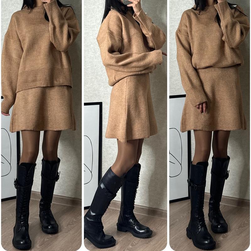 Women's 2 Piece Sweater Skirt Sets Outfits New Solid Color Casual Long Sleeve Ribbed and Knit Dress Cropped Top and Mini Skirt College Style Suit Autumn 24