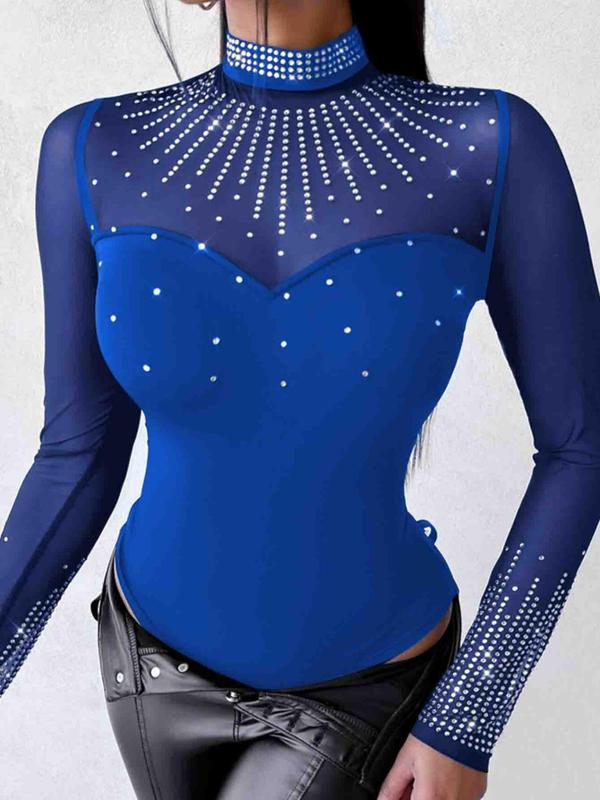 Women's Rhinestone Decor Contrast Mesh Mock Neck Bodysuit, Sexy Long Sleeve Bodysuit for Party Club Dating, Ladies Clothes for All Seasons