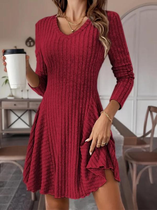 Fall Women's Plain Lettuce Trim V Neck A Line Dress, Casual Long Sleeve Short Dress for Fall & Winter, Modern Fashion Casual Dresses, Ladies Clothes for Daily Wear, Comfort Summer Womenswear