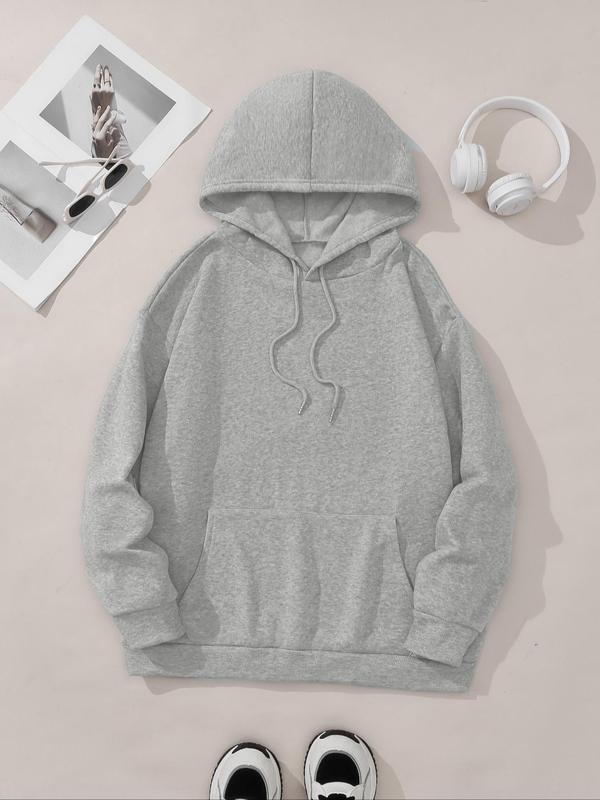 Women's Plain Drawstring Pocket Hoodie, Casual Drop Shoulder Long Sleeve Hooded Sweatshirt, Ladies Fall & Winter Clothes for Daily Wear