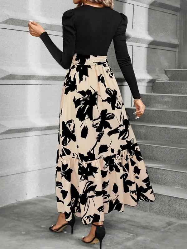 Women's Floral Patchwork Print Belted Ruffle Hem A Line Dress, Elegant Puff Sleeve Round Neck Long Dress for Spring & Fall, Women's Clothing for Daily Wear