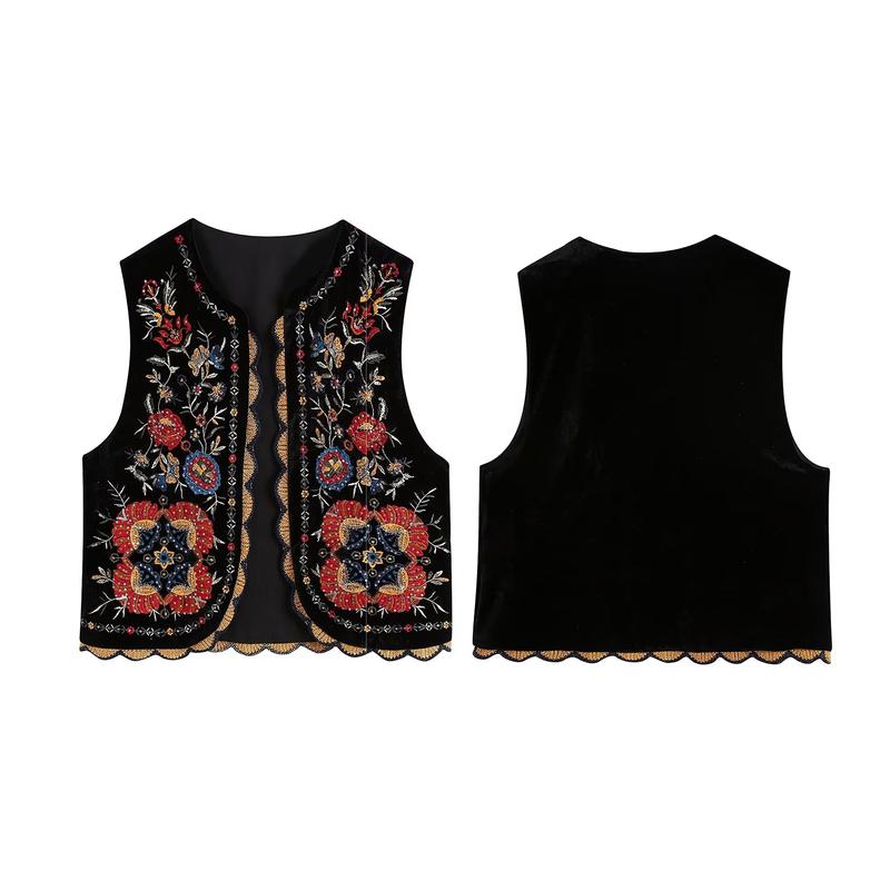 Women Vest Vintage Floral Embroidered Crop Vest Casual National Open Front Sleeveless Cardigan Outerwear Gilet Streetwear