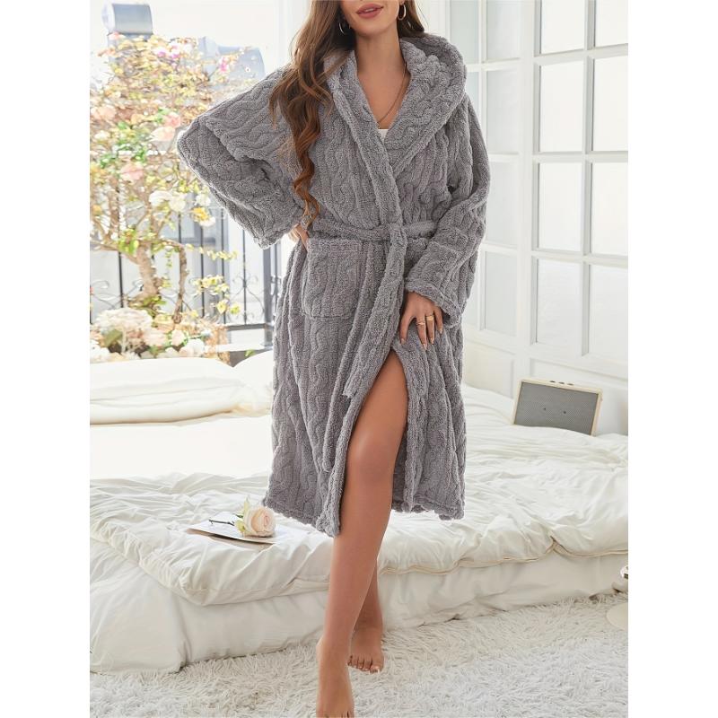 Cozy Fleece-Lined Hooded Bathrobe for Women - Long Sleeve, Dual-Sided Pockets, Tie-Waist Lounge Robe with Plush Comfort - Perfect for Fall Winter