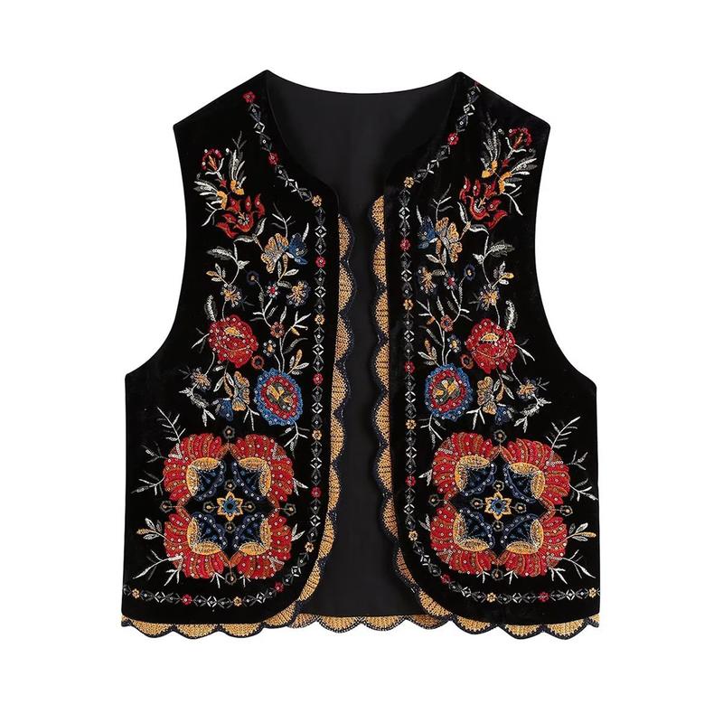 Women Vest Vintage Floral Embroidered Crop Vest Casual National Open Front Sleeveless Cardigan Outerwear Gilet Streetwear