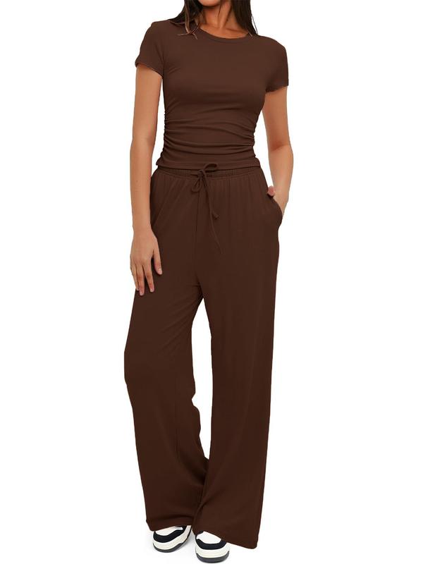 Women's Solid Color Tee & Wide Leg Pants Loungewear Two-Piece Set, Casual Comfy Round Neck Short Sleeve T-Shirt & Trousers PJ Set, Ladies Sleepwear for All Seasons