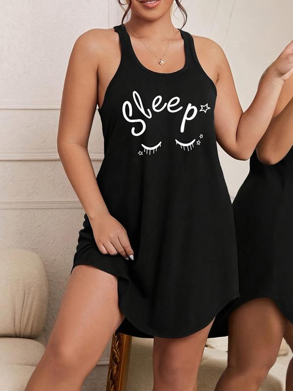  Letter & Cartoon Face Print Tank Nightdress, Casual Soft Comfortable Racer Back Sleeveless Nightgown for Women, Women's Sleepwear for All Seasons