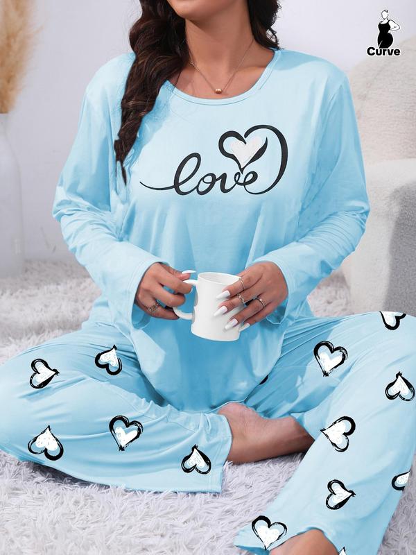  Heart Print Long Sleeve Tee & Elastic Waist Pants Pajama Set, Casual Comfy Round Neck Top & Trousers PJ Set, Women's Sleepwear for Fall & Winter