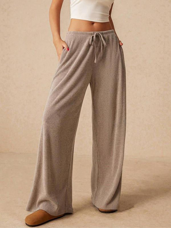 Women's Plain Drawstring Waist Wide Leg Pants, Casual Pocket Trousers for Daily Wear, Ladies Bottoms for All Seasons