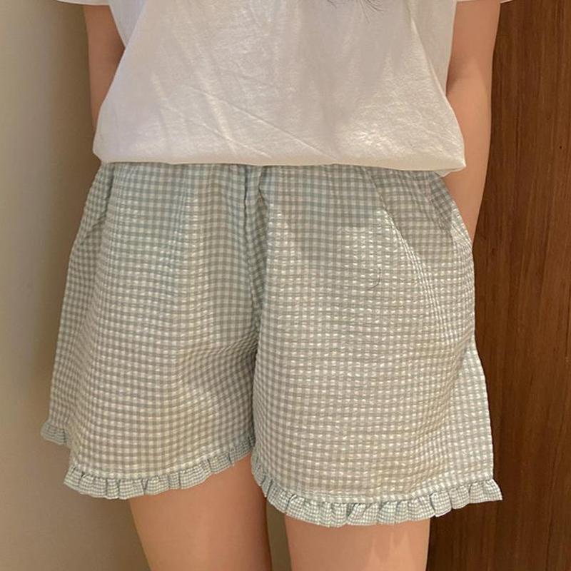 Plaid Shorts for Women Y2K Ruffle Hem High Waist Elastic Pajama Shorts Lounge Gingham Boxer Pj Bottom Going Out Shorts