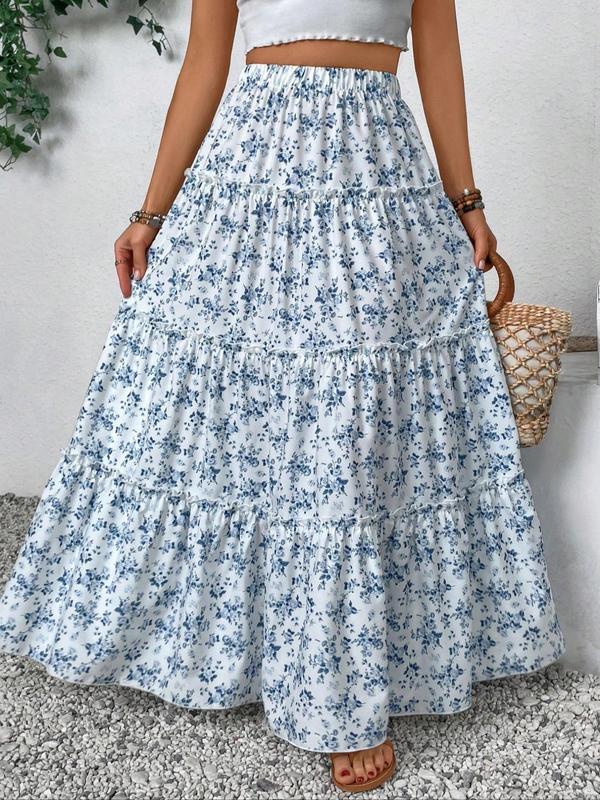 Women's Ditsy Floral Print Frill Trim Skirt, Elegant High Waist Maxi Skirt for Daily Holiday Vacation Wear, Ladies Bottoms for All Seasons