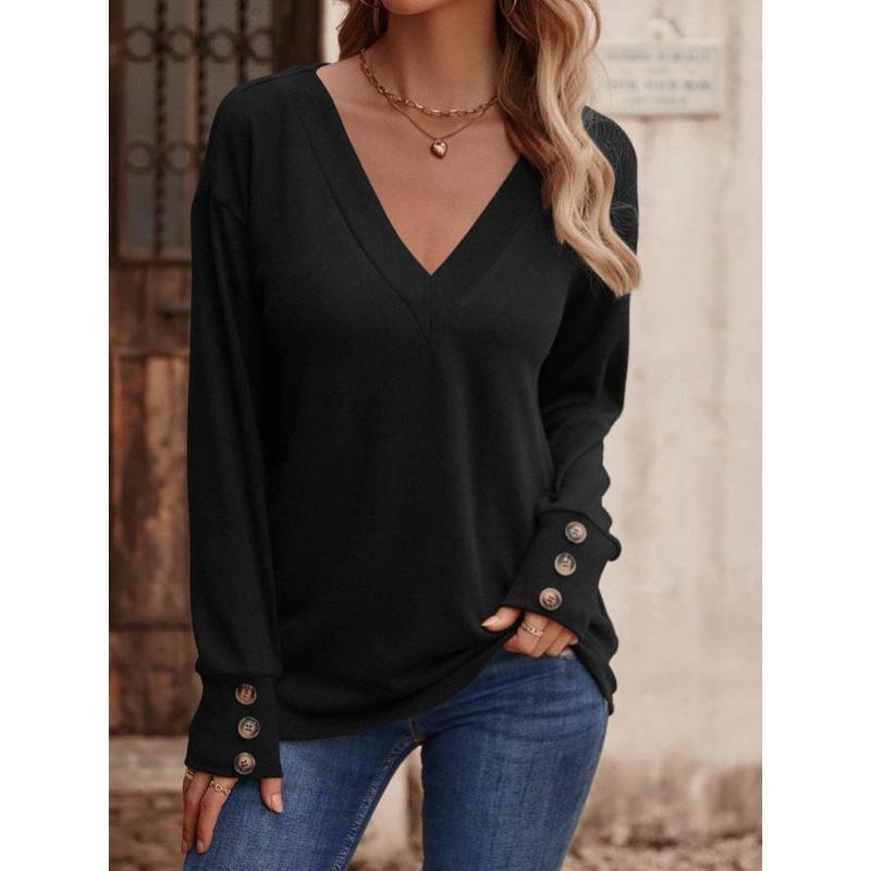 2024 Women's Autumn and Winter New Solid Color and V-neck Loose Long-Sleeved T-shirt Button