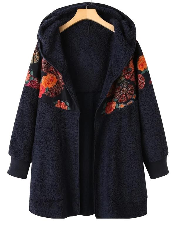 Floral Print Zipper Hooded Jacket, Casual Long Sleeve Open Front Outerwear for Fall & Winter, Women's Clothes for Daily Wear