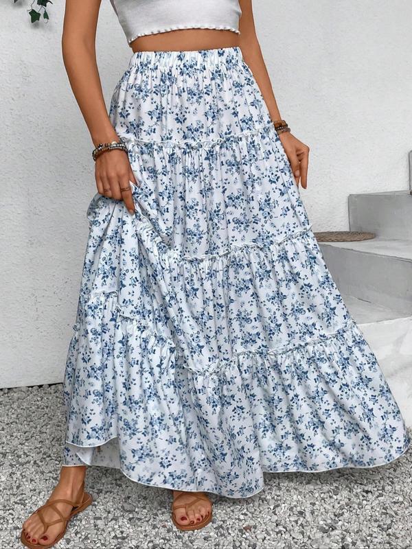 Women's Ditsy Floral Print Frill Trim Skirt, Elegant High Waist Maxi Skirt for Daily Holiday Vacation Wear, Ladies Bottoms for All Seasons