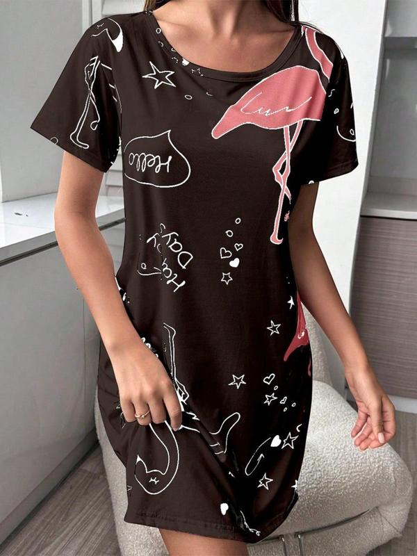 Women's Cartoon Flamingo & Letter Print Nightdress, Casual Soft Comfortable Round Neck Long Sleeve Sleep Dress, Ladies Sleepwear for All Seasons