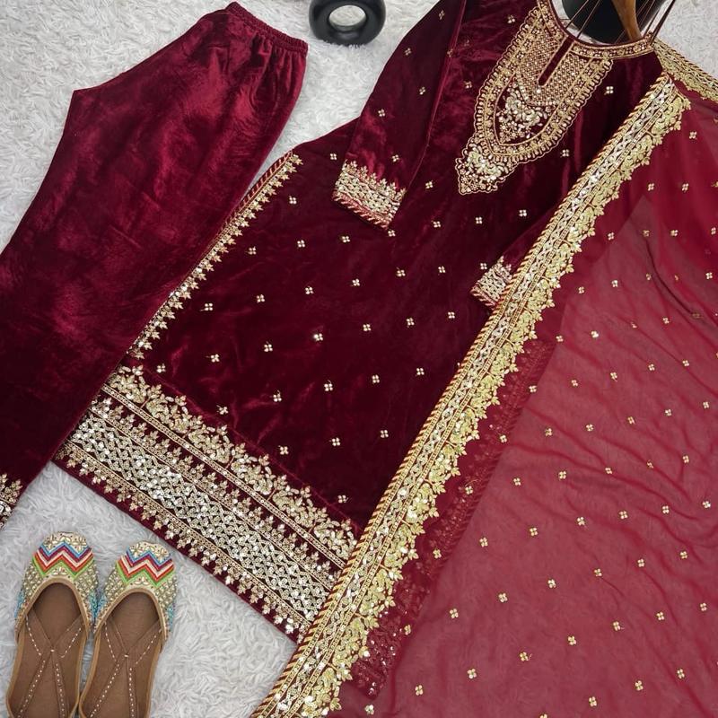 Women red velvet suit wedding suit party wear suit heavy embroidered suit