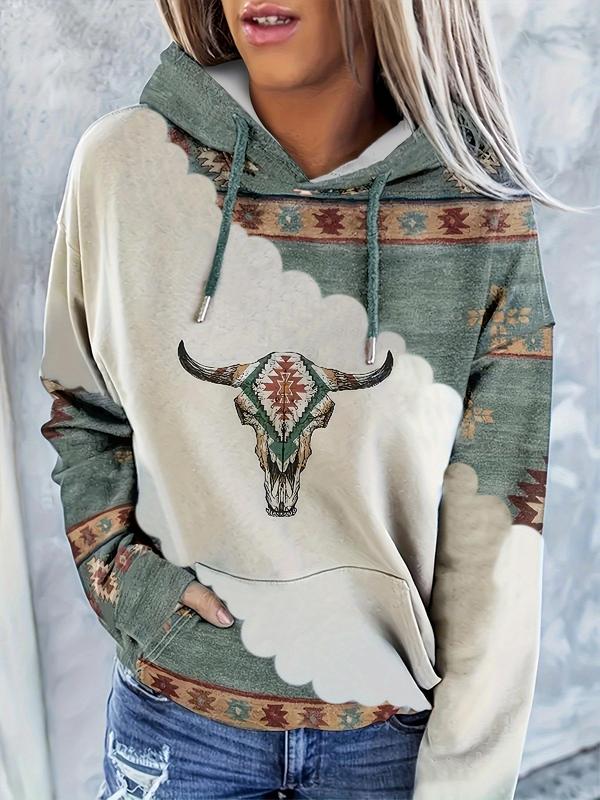 Women's Tribal Bull Head Print Drop Shoulder Hoodie, Boho Casual Drawstring Pocket Hooded Sweatshirt for Daily Holiday Outdoor Wear, Fall Outfits, Graphic Hoodie, Fashion Women's Clothes for Spring & Fall, Downtown Girl Clothes