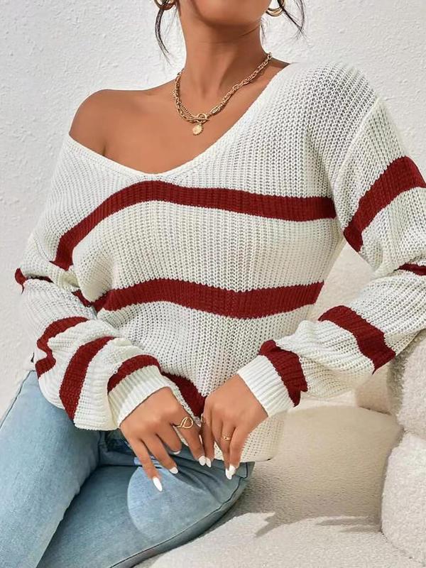 Women's Striped Print Drop Shoulder Sweater, Sweater for Women, Casual Long Sleeve V Neck Jumper for Fall & Winter, Cozy Fall Outfits for Women