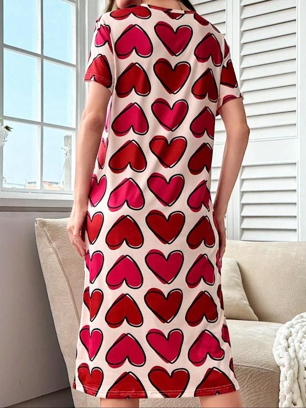 Women's Heart & Letter Print Round Neck Nightdress, Casual Soft Comfortable Short Sleeve Nightgown for Daily Home Wear, Ladies Sleepwear for All Seasons