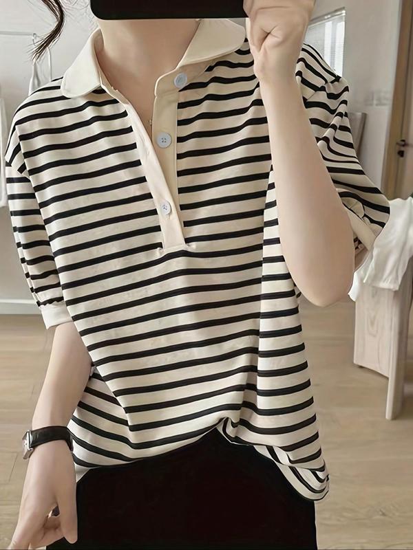 Women's Striped Print Button Front Polo Shirt, Casual Drop Shoulder Half Sleeve Top for Summer, Ladies Clothes for Daily Wear