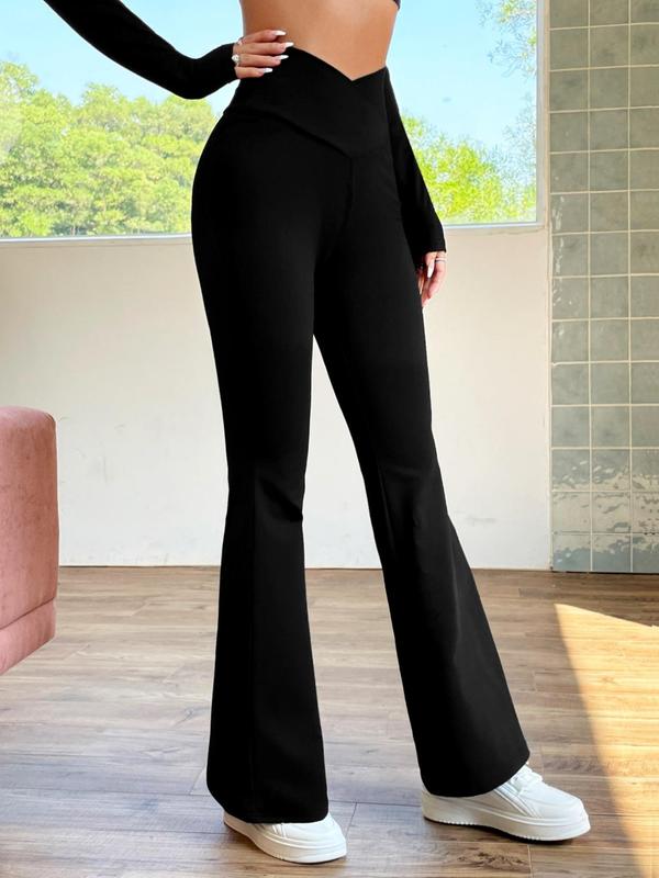 Women's Solid Wrap High Waist Flare Leg Pants, Casual Comfy Bell Bottom Trousers for Daily Wear, Ladies Bottoms for All Seasons