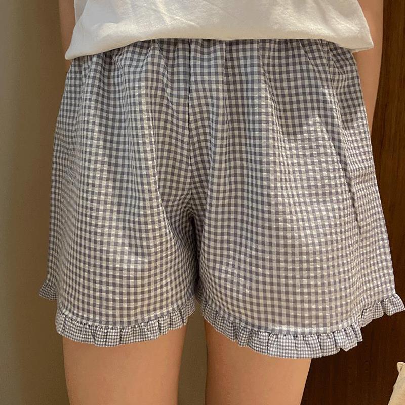 Plaid Shorts for Women Y2K Ruffle Hem High Waist Elastic Pajama Shorts Lounge Gingham Boxer Pj Bottom Going Out Shorts