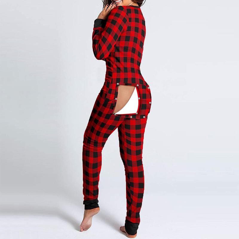 Women's Sexy Butt Button Back Flap Jumpsuit Cute Print V Neck Long Sleeve Romper Xmas Onesie Pjs Christmas Bodycon Pajamas  Holiday Sleepwear Loungewear Homewear Polyester Womenswear Comfortable