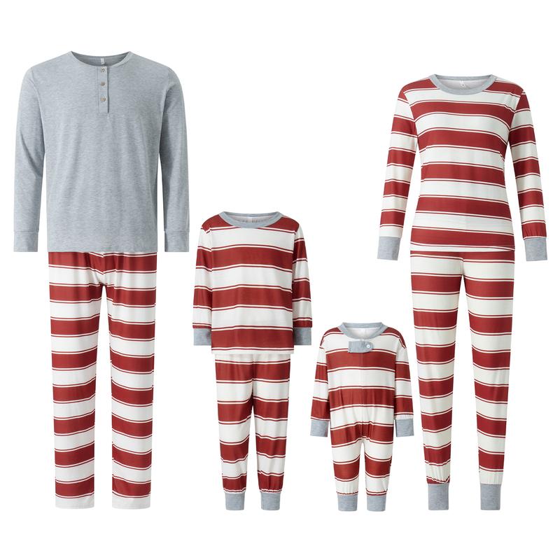 Matching Christmas Pajamas For Family Long Sleeve O Neck Tops + Striped Pants or Long Sleeve Striped Jumpsuit