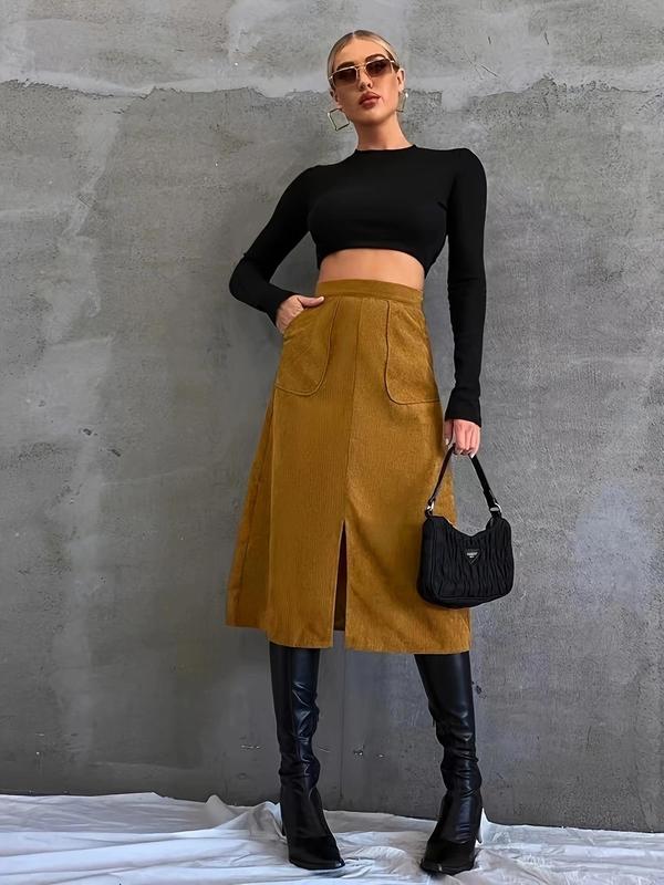 Women's Solid Split Thigh Zipper Corduroy Skirt, Casual Fashion Pocket A Line Skirt for Daily Outdoor Wear, Women's Bottoms for Spring & Fall