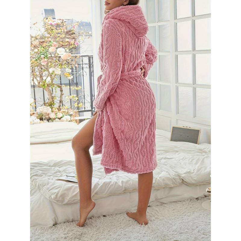 Cozy Fleece-Lined Hooded Bathrobe for Women - Long Sleeve, Dual-Sided Pockets, Tie-Waist Lounge Robe with Plush Comfort - Perfect for Fall Winter