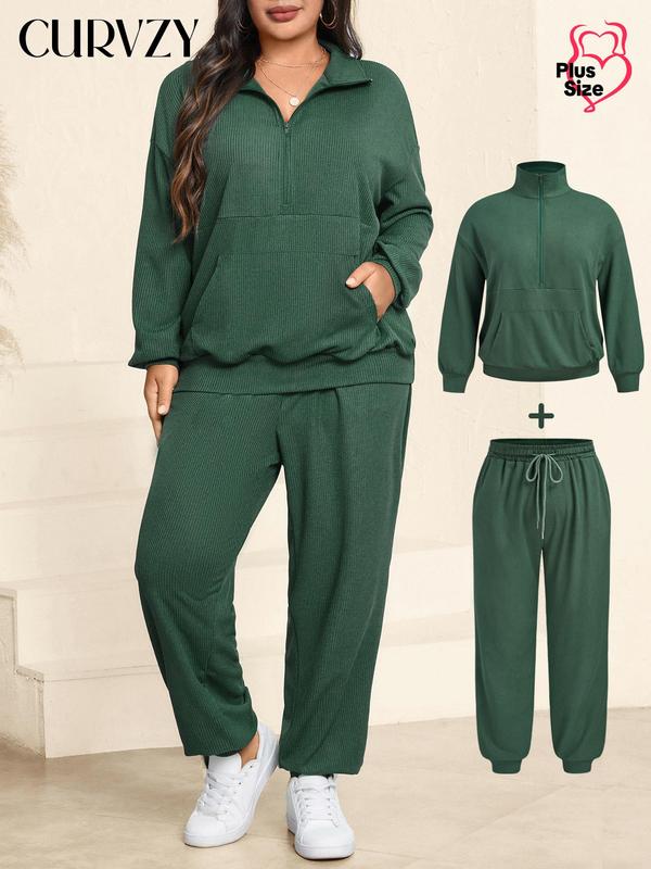 CURVZY Plus Size Two-Piece Set Solid Drop Shoulder Zipper Sweatshirt & Pocket Pants, Casual Fashion Cozy Breathable Outfits for Daily Outdoor Wear, Women Clothing for Fall & Winter