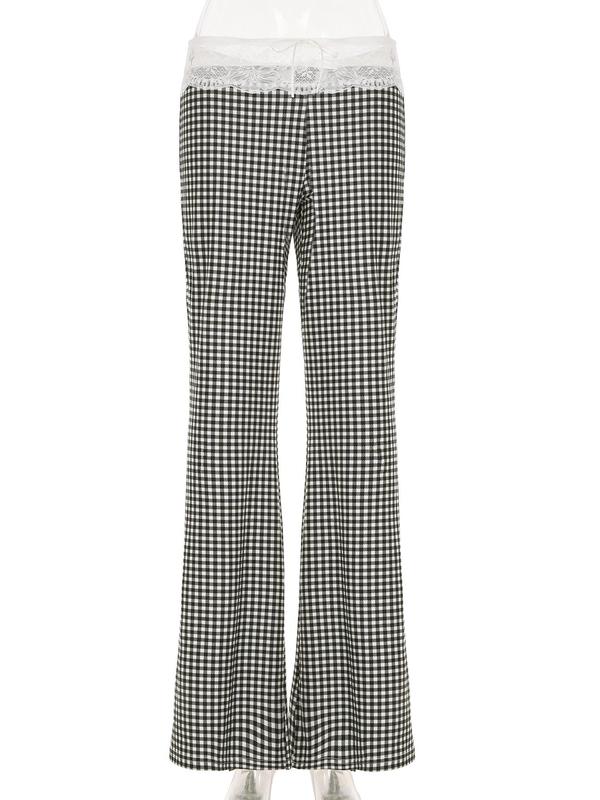 Women's Plaid Print Contrast Lace Flare Leg Pants, Casual Comfy Bow Decor Trousers for Daily Wear, Ladies Bottoms for Fall & Winter