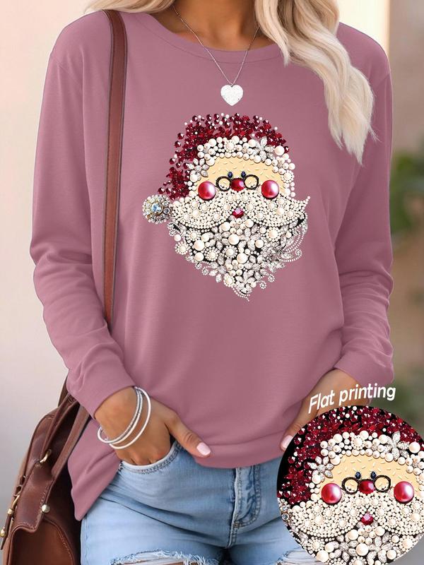 Women's Cartoon Santa Claus Print Round Neck T-shirts, Casual Long Sleeve Crew Neck T-shirts for Fall & Winter, Fashion Women's Top for Daily Wear