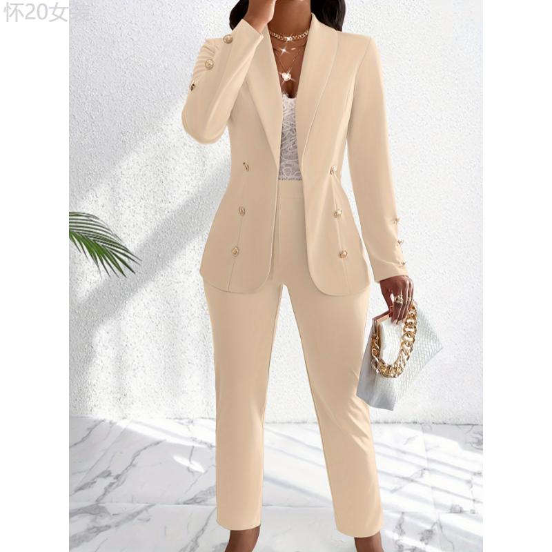 Elegant Women's Polyester Blend Pantsuit Set -  Lapel Blazer with Button Details and Solid Color Trousers (2-Piece Outfit, Knit Fabric, 95% Polyester, 5% Elastane) - For Women - Suitable for Work, Parties, and Formal Occasions - Womenswear Bottom  Bottom