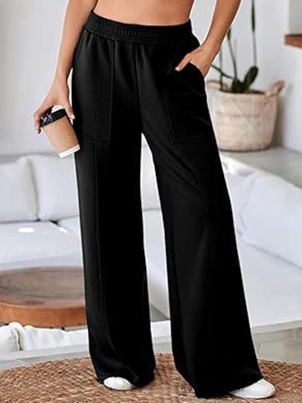 Women's Solid Pocket Elastic Waist Straight Leg Pants, Casual Comfy Trousers for Fall & Winter, Women's Bottoms for Daily Wear