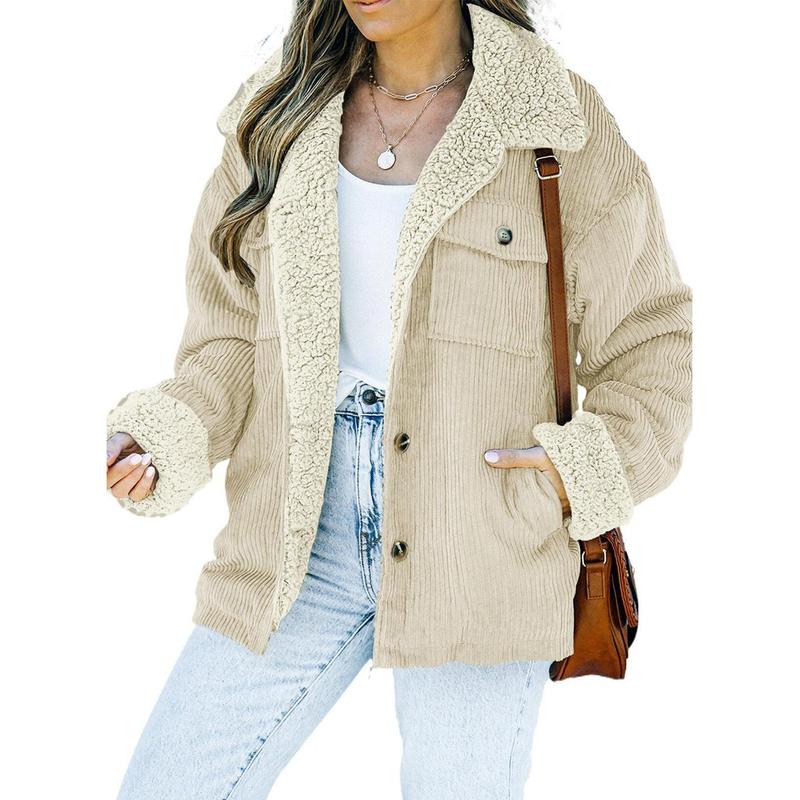 Dokotoo Corduroy Sherpa Jacket for Women Button Down Fleece Fur Collar Winter Warm Coat