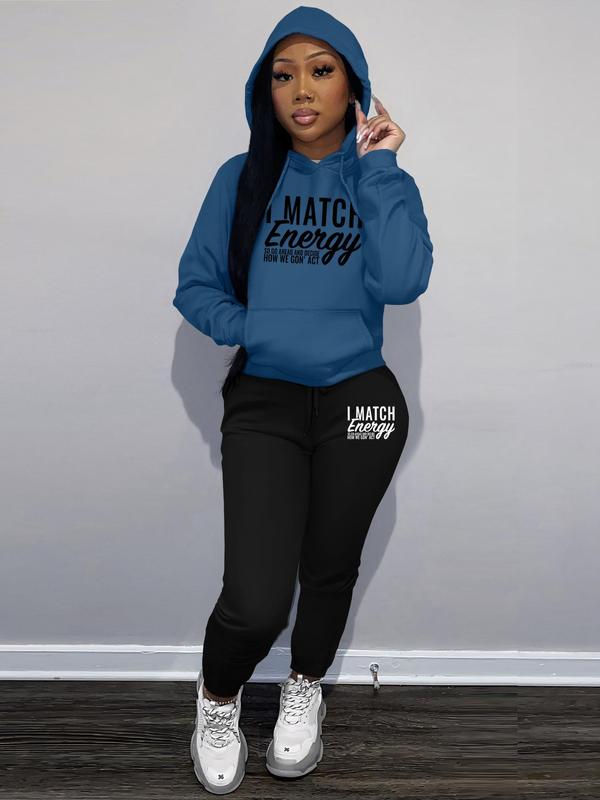 Women's Letter Print Hoodie & Drawstring Waist Sweatpants Set, Casual Long Sleeve Hooded Sweatshirt & Pocket Jogger Pants, Ladies Fall & Winter Clothes