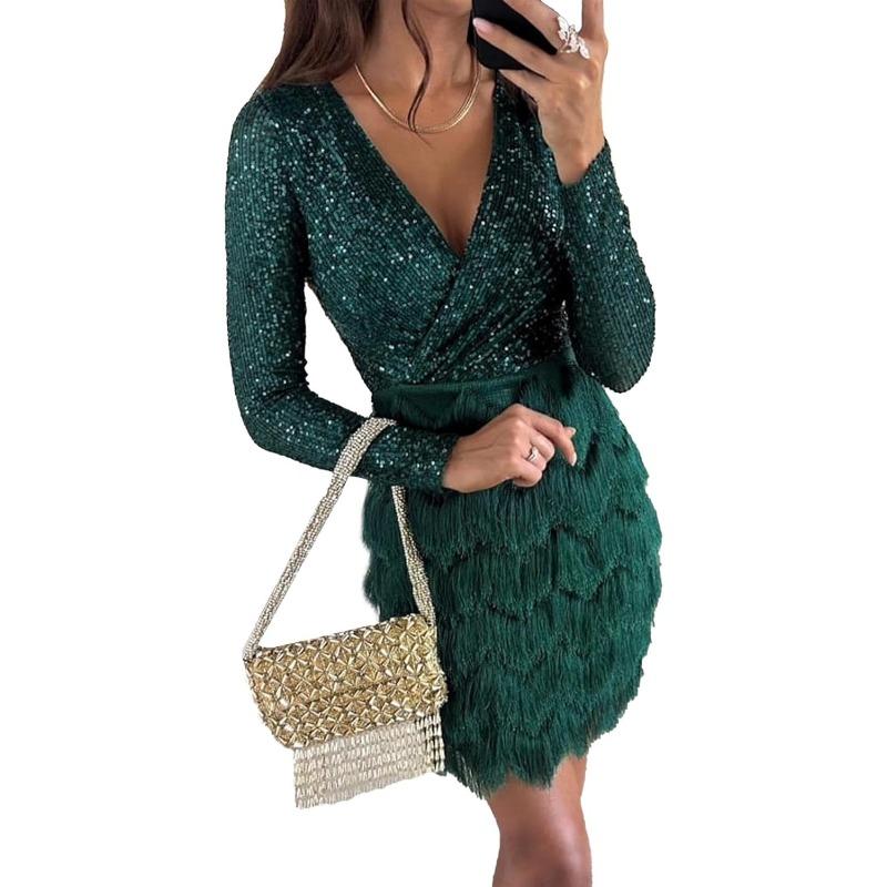 Women's Wrap V Neck Long Sleeve Pencil Mini Dress Sequin Top Fringe Skirt Flapper Cocktail Short Dress