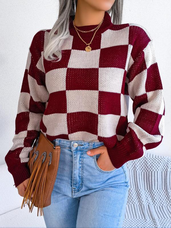 Women's Colorblock Plaid Print Drop Shoulder Sweater Pullover, Casual Long Sleeve Round Neck Jumper for Fall & Winter, Fashion Ladies' Knitwear for Daily Wear