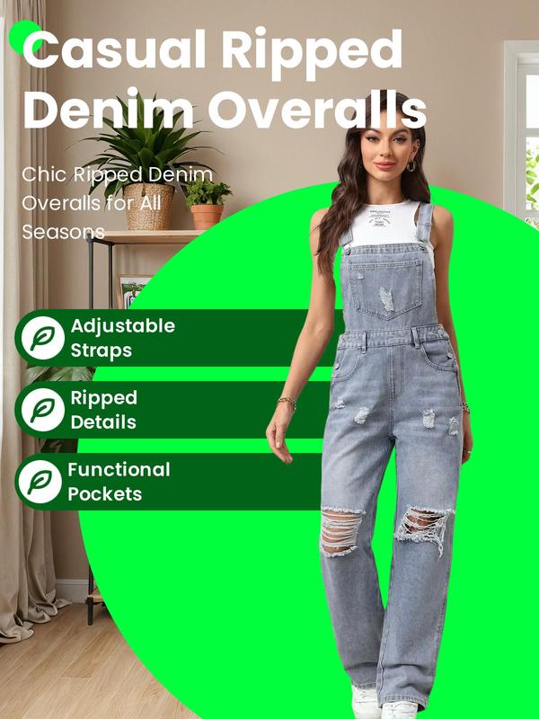 Women's Plain Pocket Ripped Denim Overall Jumpsuit, Casual Adjustable Strap Button Straight Leg Overalls for Daily Wear, Ladies Clothes for All Seasons