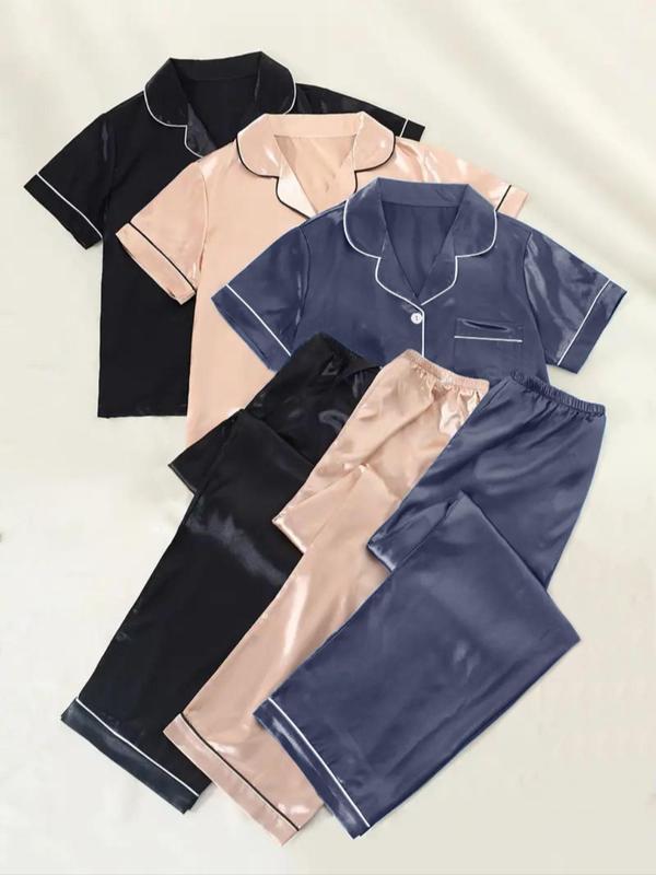 Womenswear Solid Satin Homewear Pyjama Set, Short Sleeve Lapel Neck Pocket Shirt & Elastic Waist Pants PJ Set, Minimalist Comfortable Sleepwear Set for Women