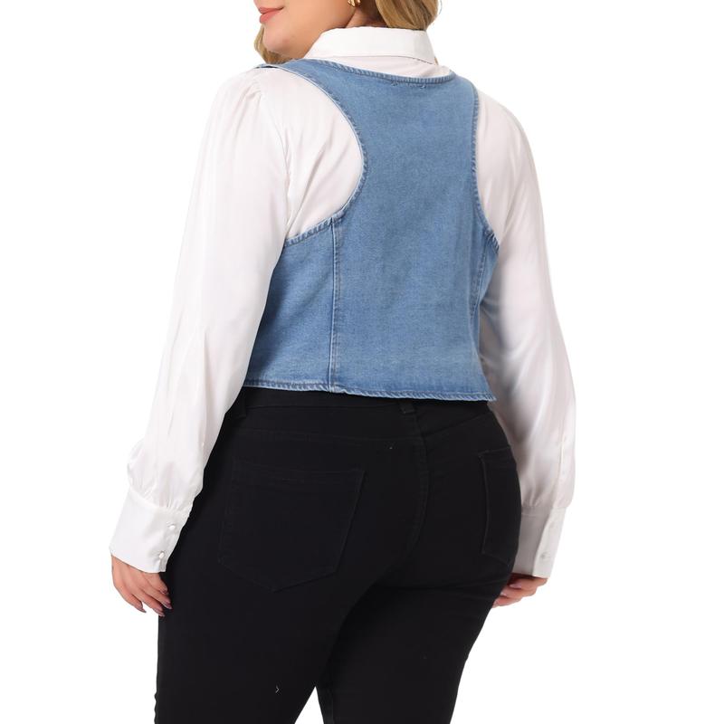 Agnes Orinda Plus Size Denim Vests Tops Button Down Jean Waistcoat Casual Sleeveless Jacket Light Blue