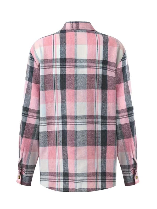 Women's Plaid Print Button Front Shirt, Casual Drop Shoulder Long Sleeve Pocket Top for Spring & Fall, Women's Clothes for Daily Wear