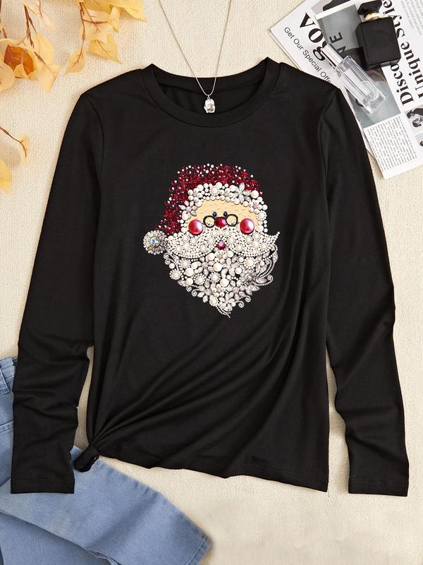 Women's Cartoon Santa Claus Print Round Neck T-shirts, Casual Long Sleeve Crew Neck T-shirts for Fall & Winter, Fashion Women's Top for Daily Wear