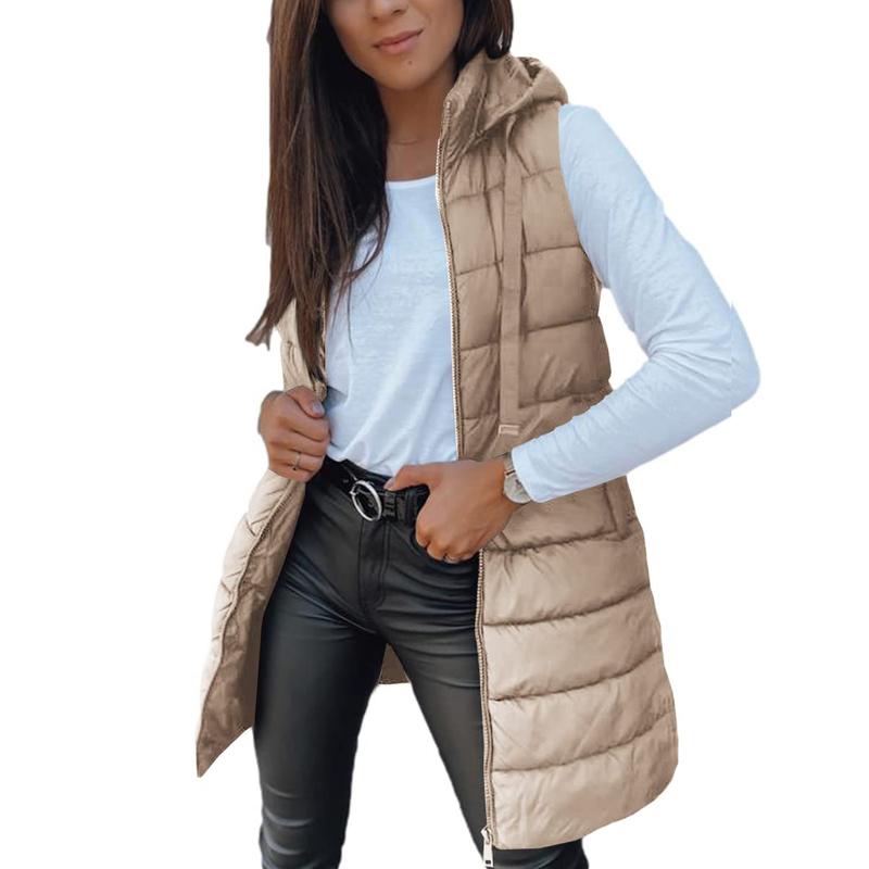 Tankaneo Women Long Vest Solid Color Sleeveless Hood Winter Puffer Vest Outwear Womenswear Tops Comfort Basic Casual Hoodie Minimalist